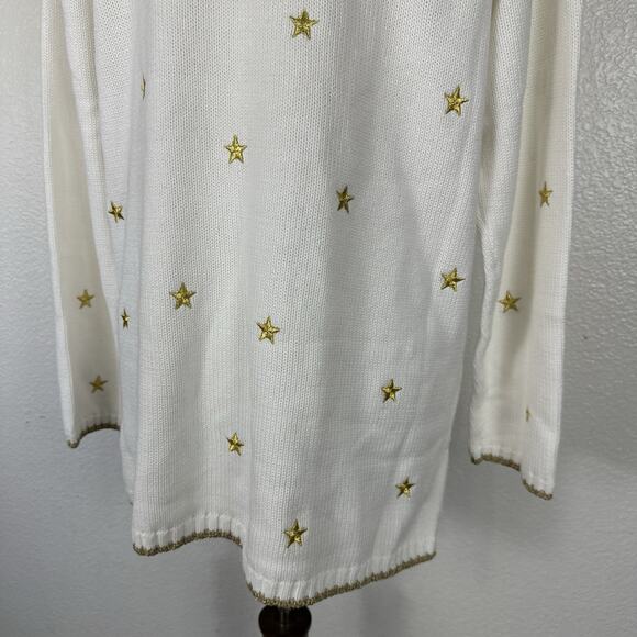 VTG Quacker Factory Sweater Medium Oversized Cream Turtleneck Gold Stars Holiday - Picture 9 of 12